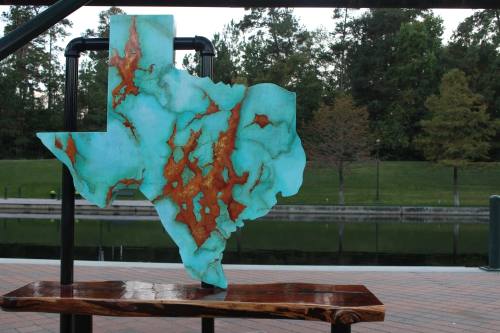 "State of Texas" is one of the new art benches that has been installed on The Woodlands Waterway. (Andrew Christman/Community Impact)