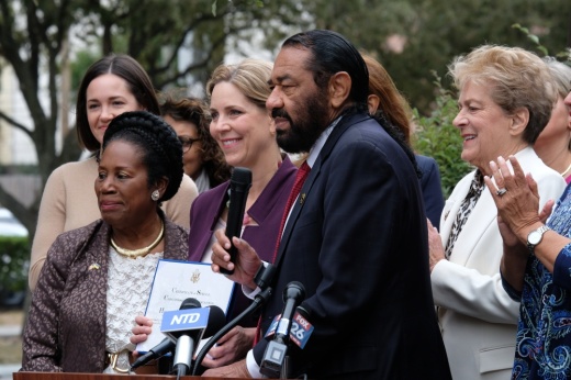 From left: U.S. Rep. Sheila Jackson Lee stands with Emilee Whitehurst, CEO of the Houston Area Women's Center, and U.S. Rep. Al Green at HARC's 45th anniversary event Oct. 18. (George Wiebe/Community Impact)