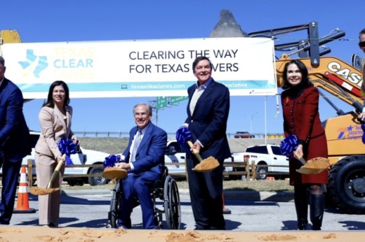 Texas Gov. Greg Abbott takes part in an Oct. 19 groundbreaking ceremony in San Antonio to formally mark the start of a multiyear initiative that will remake the I-10/Loop 1604 interchange. From left are Gina Gallegos, Texas Department of Transportation district engineer' Texas Transportation Commission Chair Bruce Bugg; and Bexar County Precinct 3 Commissioner Marialyn Barnard. (Courtesy Texas governor’s office)