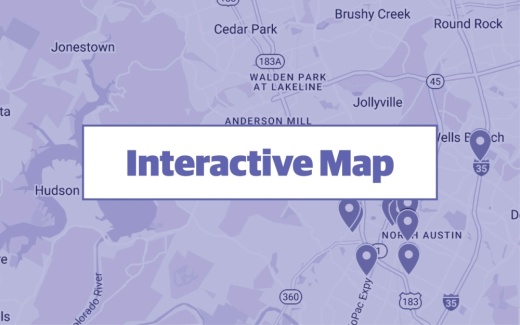 purple graphic using google maps screenshot of central austin with commercial permits pinpointed 