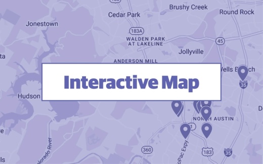 purple graphic using google maps screenshot of central austin with commercial permits pinpointed