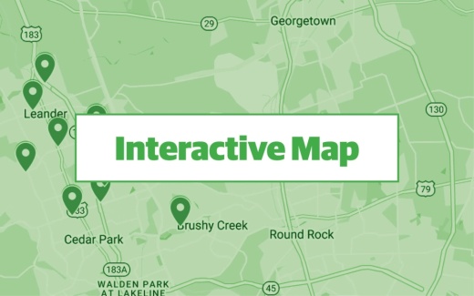 green graphic using google maps screenshot of cedar park and leander areas in central texas with locations of commercial permits pinpointed on map