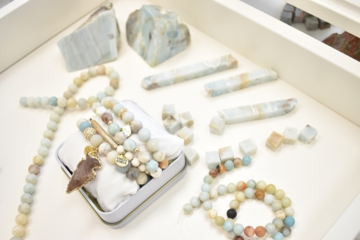 Amazonite is one of the natural stones used in Kinsley Armelle’s jewelry. (Lizzy Spangler/Community Impact)