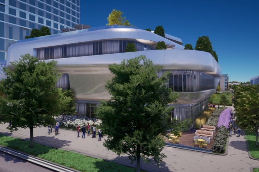 Texans Fit will bring a new state-of-the-art fitness facility to a recently completed lifestyle pavilion along Allen Parkway that is part of ongoing development on The Allen, a $500 million mixed-use project along Buffalo Bayou. (Rendering courtesy DC Partners)