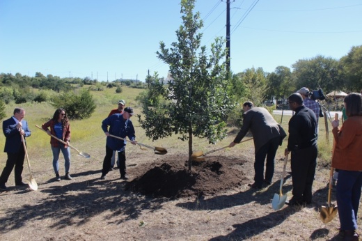 Mobile Loaves & Fishes and community leaders marked the groundbreaking of Community First! Village's expansion with a ceremonial tree planting. (Ben Thompson/Community Impact)
