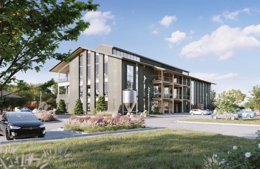 Officials with The Howard Hughes Corp. announced plans for the first phase of commercial development for Bridgeland Central, including a mass timber office building. (Rendering courtesy The Howard Hughes Corp.)