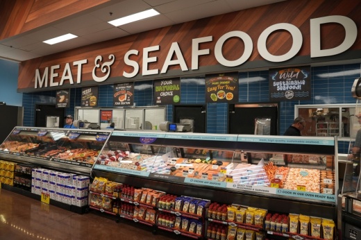 meat and seafood counter at grocery store