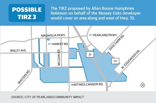 The TIRZ proposed by Allen Boone Humphries Robinson on behalf of the Massey Oaks developer would cover an area along and west of Hwy. 35. (Designed by Jesus Verastegui)