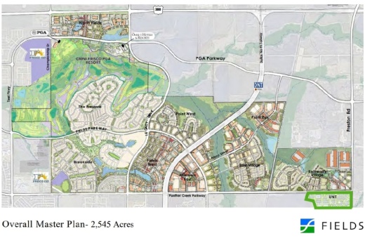 Frisco Mayor Jeff Cheney presented an update on the Fields development Nov. 2. An overall master plan of the Fields development was included in the presentation. (Courtesy Cheney Group)