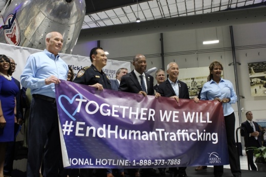 Mayor Sylvester Turner, Harris County Sheriff Ed Gonzalez and more figures from around the Houston metro area gather to show support for human trafficking advocacy groups and survivors Nov. 4. The human trafficking hotline is 888-373-7888. (Daniel Weeks/Community Impact)