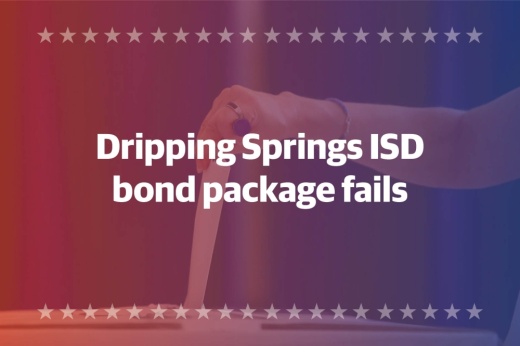 Text says "Dripping Springs ISD bond package fails" on top of a person putting their ballot in the box