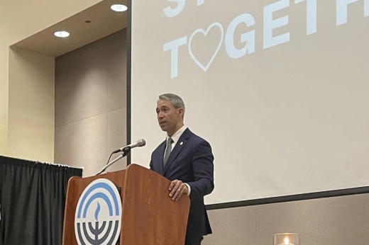 San Antonio Mayor Ron Nirenberg speaks at a local 84th anniversary observance of Kristallnacht, also known as the "Night of Broken Glass," on Nov. 9 at Barshop Jewish Community Center. (Courtesy Jewish Federation of San Antonio)