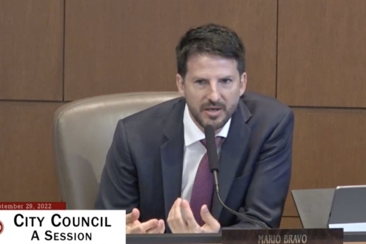 Mario Bravo, San Antonio District 1 City Council member, speaks at the Sept. 29 council meeting. The council on Nov. 10 approved a no-confidence vote against Bravo following a city investigation into his confronting fellow Council Member Ana Sandoval, his former girlfriend, after a Sept. 15 council meeting at City Hall. (Courtesy city of San Antonio)