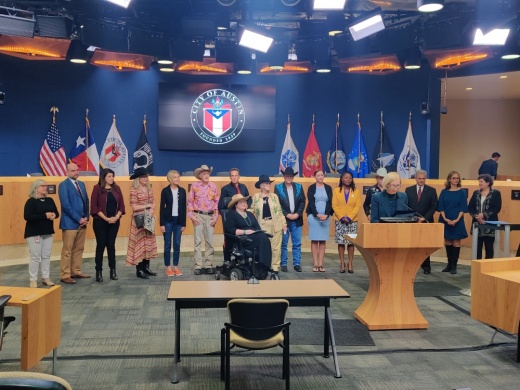 A group of Broken Spoke and Austin City Council members at the meeting