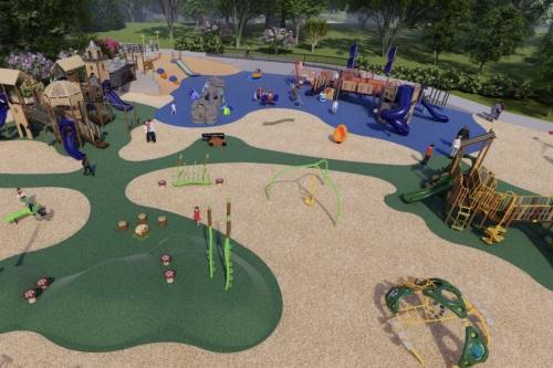 An artist's rendering shows Mitchell's Landing playground, which will have three primary play structures: a pirate ship, a mermaid lagoon and a Spanish colonial mission. (Courtesy Mitchell Chang Foundation)