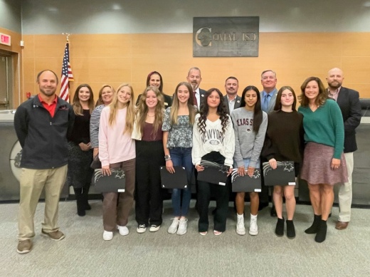The Canyon High School girls cross country team who qualified for the state meet was recognized at the Comal ISD board of trustees meeting on Nov. 17. (Courtesy Comal ISD)