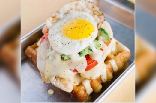 waffle with chicken, egg and avocado