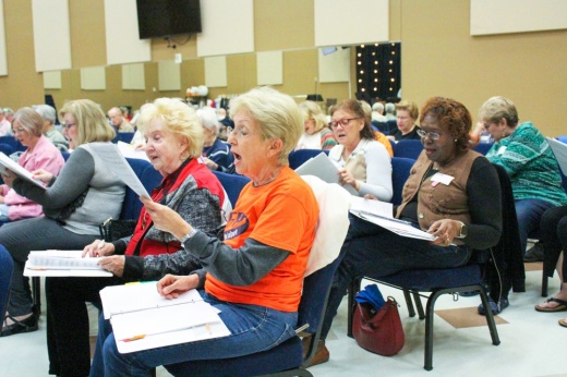 From left: On Thursday mornings, members of the Solid Rockers Senior Choir—including Beverly Chatham, Mary Margaret Williford and Cecil King—meet to rehearse music and socialize while building a sense of community. (Emily Lincke/Community Impact)