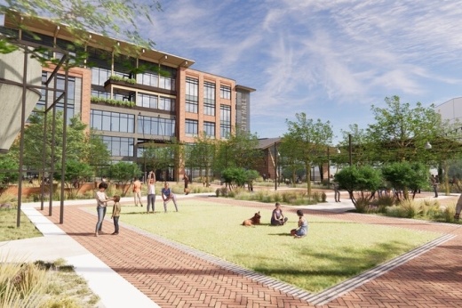 The new five-story city hall will feature community spaces, such as an outdoor plaza. (Rendering courtesy city of McKinney)