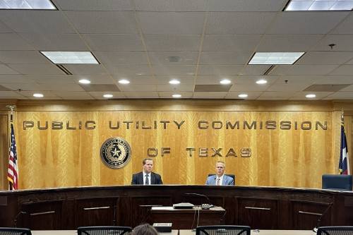 From left: Peter Lake, chair of the Texas Public Utility Commission, and Pablo Vegas, CEO of the Electric Reliability Council of Texas, speak at a Nov. 29 news conference.