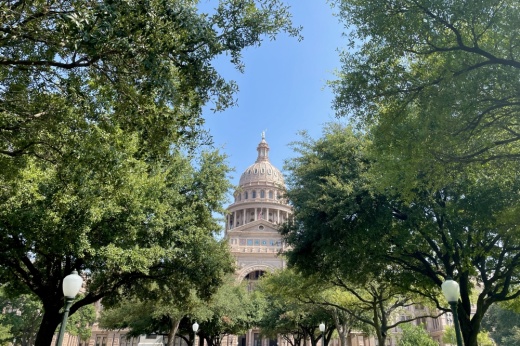 The dome of Texas State Capitol surrounded by trees