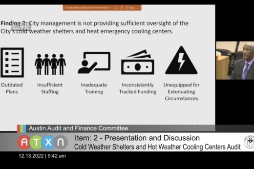 City Council's audit committee reviewed a report on Austin's emergency shelter operations Dec. 13. (Screenshot via ATXN)