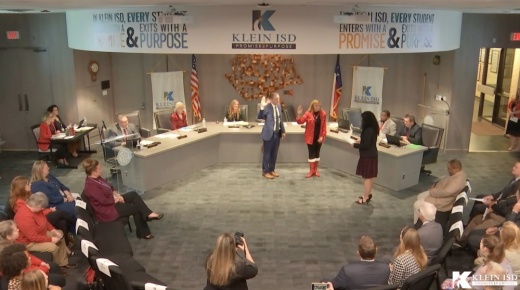 Following successful campaigns for re-election to the Klein ISD board of trustees Nov. 8, position 6 and 7 incumbents Cathy Arellano and Rob Ellis were officially sworn into office during the Dec. 12 board meeting. (Screenshot courtesy Klein ISD)