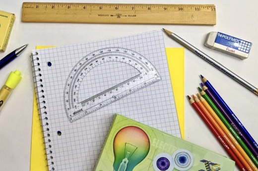 School supplies against a white background.