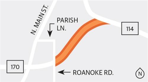 Westbound vehicles leaving Hwy. 114 to SH 170 have to take the Parish Lane exit and continue on the frontage road through Roanoke Road. (Community Impact)