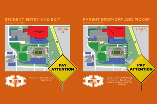 Maps displaying the new traffic pattern at Hutto High School