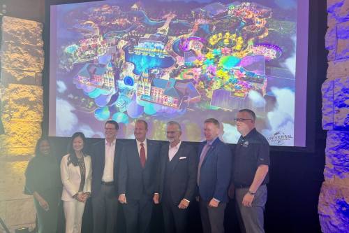 Frisco City Council members and Universal Parks and Resorts officials presented plans for the north Frisco project at a Jan. 11 press conference (Shelbie Hamilton/Community Impact)