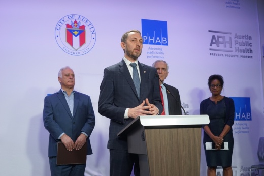 Mayor Kirk Watson, Travis County Judge Andy Brown, Rep. Llyod Doggett, Austin Public Health Authority Desmar Walkes and APH Director Adrienne Sturrup met Jan. 17 to announce the next steps forward in addressing the drug-overdose crisis in Austin. (Katy McAfee/Community Impact)