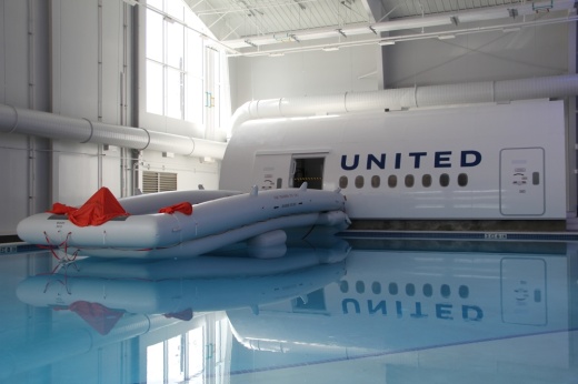 The $32 million expansion of United Airlines' Global Inflight Training Center includes an aquatic center featuring a 125,000-gallon pool that will allow flight attendant trainees to practice safe evacuation strategies in the case of a water landing. (Wesley Gardner/Community Impact)