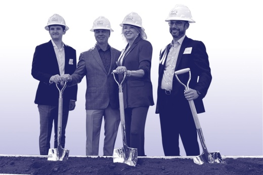 Cellipont Bioservices, a company which develops and manufactures cell therapies for other companies, began work in November on a 76,000-square-foot manufacturing facility at  9501 Lakeside Blvd. Pictured, from left, are Harrison Johnson, with Great Point Partners; Darren Head, Cellipont Chairman; Deborah Wild, Cellipont CEO; and Scott Nudelman, with investment company Vitrian.(Courtesy Cellipont Bioservices)