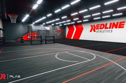Rendering of the interior of a Redline Athletics facility with a basketball court and free weights.