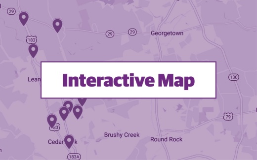 purple graphic using google maps screenshot of cedar park and leander areas in central texas with locations of commercial permits pinpointed on map