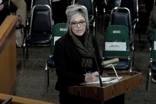 North East ISD administrator Esmeralda Muñoz addresses the NEISD school board about plans for the 2023-24 academic calendar at the trustees’ Jan. 23 meeting. (Courtesy NEISD)