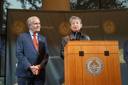 Travis County Commissioner Margaret Gomez thanked U.S. Rep. Lloyd Doggett for securing federal funding for the project on Jan. 24. (Katy McAfee/ Community Impact)