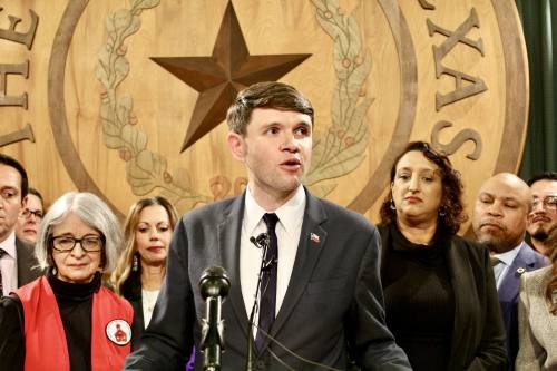 State Rep. James Talarico, D-Round Rock, speaks about teacher pay raises at a Jan. 24 news conference.