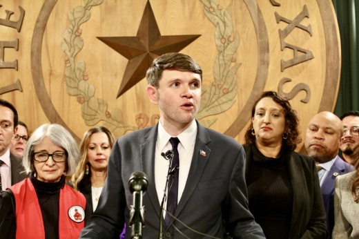 State Rep. James Talarico, D-Round Rock, speaks about teacher pay raises at a Jan. 24 news conference.