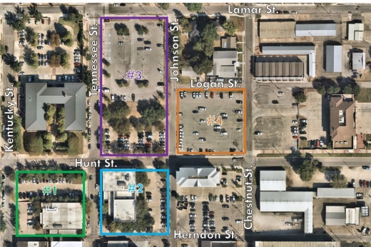 A map of the four city-owned properties in downtown that are being targeted for redevelopment.