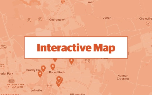 orange graphic made with google map screenshot of the city of round rock with ten commercial permits pinpointed