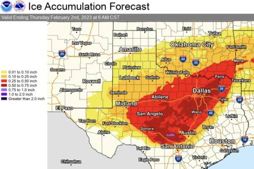 A map of ice accumulation levels in Texas