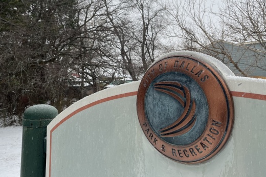 Sleet falling on park sign with Dallas Park and Recreation Department emblem.
