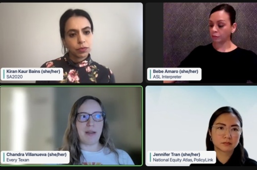 Chandra Villanueva, policy and advocacy director at Austin-based nonprofit Every Texan (lower left) makes a point during a virtual discussion offered by San Antonio nonprofit SA2020 as part of The Collective series of talks happening Jan. 31-Feb. 2. (Courtesy SA2020)