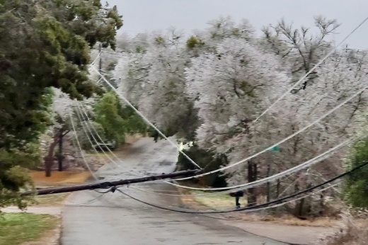 A road with iced trees and downed power lines