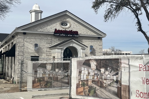 Coming soon sign with rendering outside of Ascension Coffee
