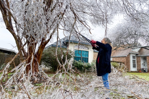 woman stands outside with large clipping tool getting branches down from frozen over trees