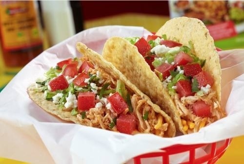 Two tacos from Fuzzy's Taco Shop.