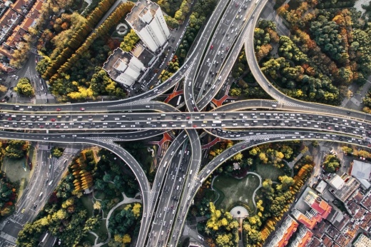 A birds-eye view of a highway interchange in Texas.